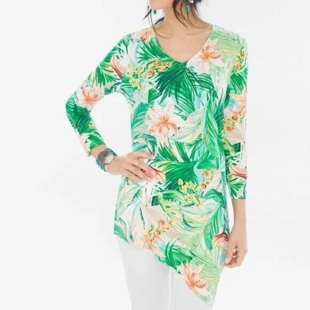 Chicos Floral Tropical Asymmetrical Hem Shirt